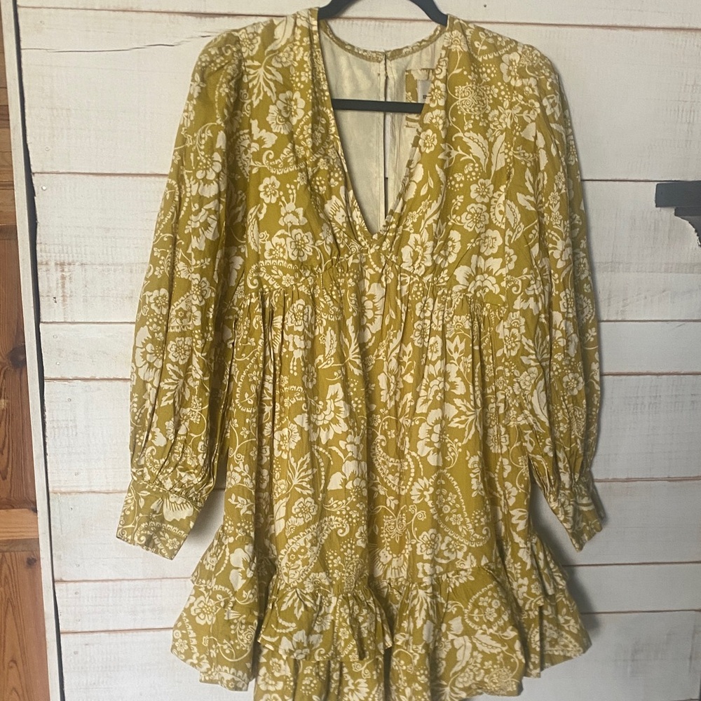 Maeve Anthropologie Mustard Floral V-Neck Tiered Mini Dress